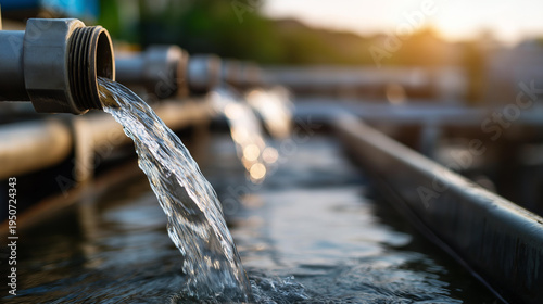 Water flowing vigorously from industrial pipes into a treatment facility basin, water management and purification infrastructure concept, defocused background, with copy space
