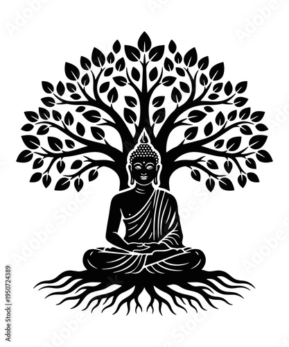 Silhouette of Buddha Meditating Under the Bodhi Tree of Life with Roots