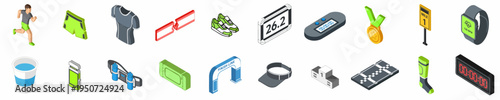 Isometric Marathon Running and Racing Icon Set Featuring Athletic Gear, Equipment, and Competition Elements.
