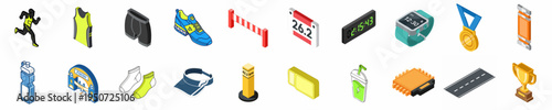 Isometric marathon and running race icons set, featuring athlete gear, equipment, and event elements for sport competition and fitness training.