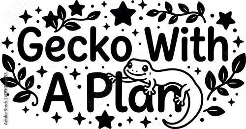 Playful black and white gecko with a plant text design surrounded by leaves and star shapes in flat vector style