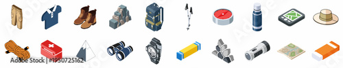 Isometric collection of hiking and trekking equipment icons for outdoor adventure and mountain climbing