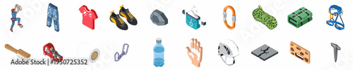 Isometric icons set of rock climbing and bouldering equipment including gear, apparel, and activities isolated on white background.