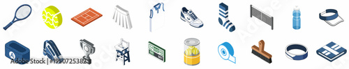Isometric Collection of Professional Tennis Equipment and Gear Icons Isolated on White Background