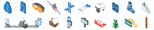 Isometric vector icons of skiing equipment, winter sports gear, and mountain resort elements on a white background.