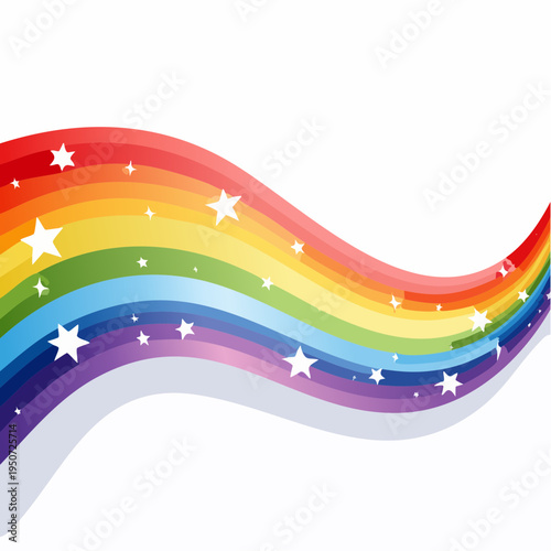 Dynamic continuous multicolor gradient swirling stripe and whites sparkling stars symbols, long rainbow ribbon with shifting bright colors