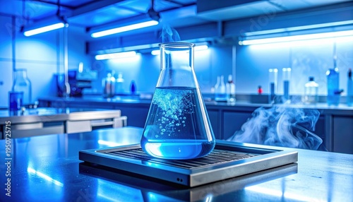 Bright blue liquid bromine in a sturdy laboratory flask, bubbling gently on a heated surface with visible vapor.