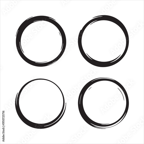 Set of four distinct black brush stroke circles, ideal for design elements and frames