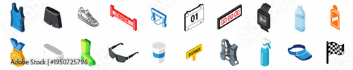 Comprehensive Collection of Marathon and Running Equipment Isometric Icons Featuring Clothing, Footwear, Hydration, and Race-Related Items