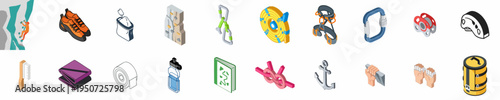Isometric icons collection of rock climbing and mountaineering equipment including harness, shoes, rope, carabiners, helmet, and various essential gear for climbers.