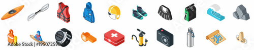 Isometric Collection of Kayaking Equipment and Safety Gear Icons Including Kayak, Paddle, Life Vest, Helmet, and First Aid Kit