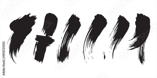 Set of seven black ink brush stroke textures for artistic backgrounds and design elements