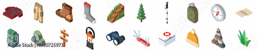 Comprehensive Isometric Collection of Hiking and Outdoor Adventure Equipment and Nature Elements Isolated on a White Background
