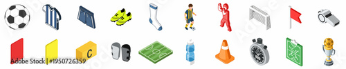 Isometric soccer and football icons set featuring equipment, players, and match elements for sports design.