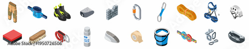 Isometric Icon Set Representing Essential Rock Climbing and Bouldering Equipment Including Ropes, Harnesses, Shoes, and Safety Gear for Outdoor Adventure and Indoor Training
