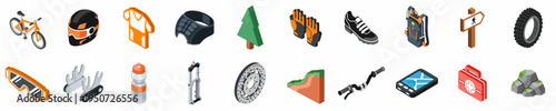 Isometric Collection of Mountain Biking Gear, Equipment, and Outdoor Adventure Icons for Sports and Cycling Enthusiasts.