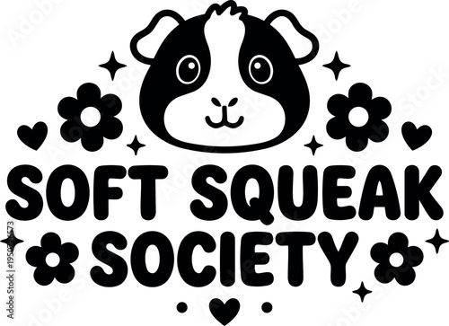 Cute guinea pig face with floral elements soft squeak society text charming black and white vector art design