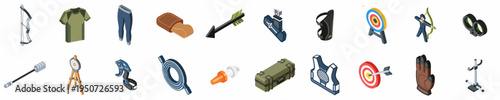 Isometric Archery and Bow Hunting Equipment Icon Set featuring Bows Arrows Targets Protective Gear and Various Sport Accessories