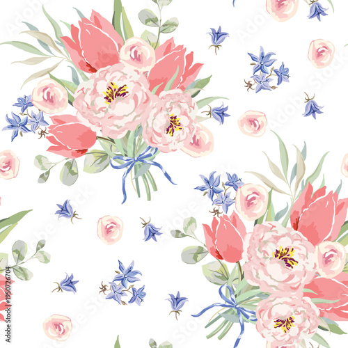 Pink tulips, peony bouquets, green leaves, small flowers, white background. Vector floral illustration. Seamless pattern. Spring garden nature. Botanical design
