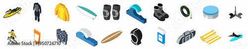 Isometric Surfing Equipment and Icons Featuring Boards, Wetsuits, Waves, and Surfers
