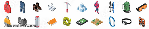 Isometric mountaineering and hiking equipment icons set including jacket, boots, crampons, ice axe, mountain, hiker, backpack, tent, and climbing gear.