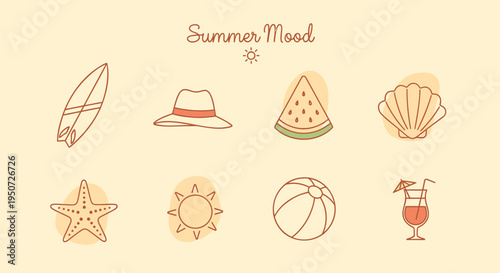 Set of 8 summer icons vector, beach and vacation symbols
