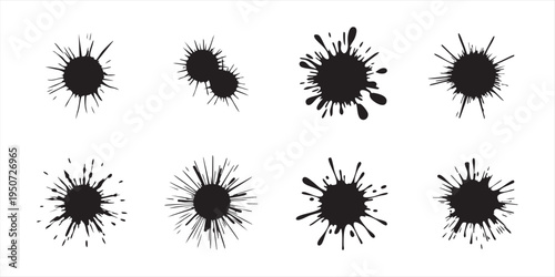 Black ink splatters and liquid paint blobs collection for artistic design and creative decorations