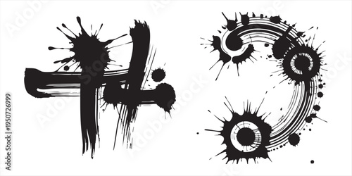 Abstract ink splash and brush stroke elements for artistic grunge designs and creative compositions
