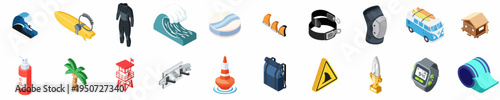 Comprehensive Isometric Icon Set of Surfing Equipment and Beach Elements Including Surfboards, Waves, Wetsuits, Lifeguard Tower, and Coastal Accessories