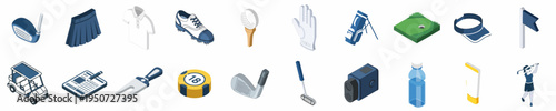 Isometric Collection of Golf Equipment and Accessories Icons Featuring Clubs, Apparel, and Course Essentials on a White Background