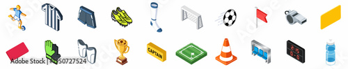 Isometric Soccer and Football Equipment Icon Set featuring player, ball, goal, trophy, and referee tools on a white background.