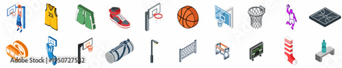 Comprehensive Isometric Basketball Icon Set Featuring Players, Equipment, Clothing, and Court Elements for Sports Design Projects.