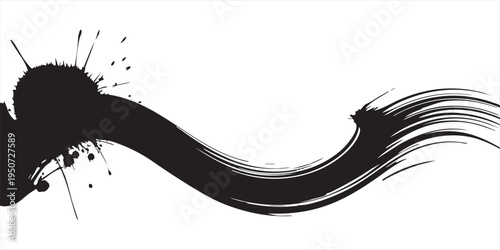 Long black wavy brush stroke with ink splash on white background, horizontal graphic element