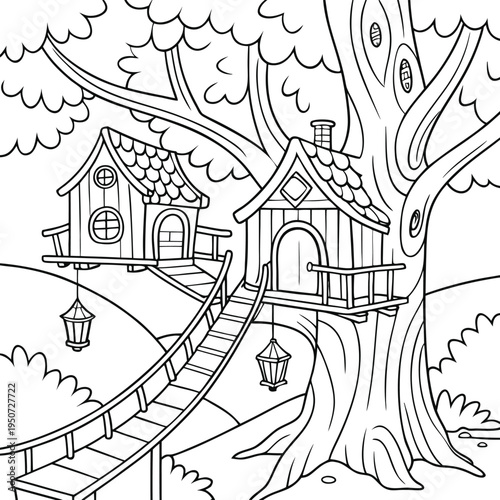 Dreamy Treehouse Coloring Page, Whimsical Woodland Illustration, Printabl Art Black and White 