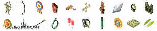 Comprehensive Isometric Collection of Archery and Bow Hunting Equipment Icons