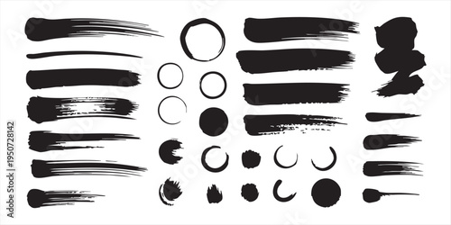 Black ink brush stroke vector set with various grunge textures circles and artistic paint elements