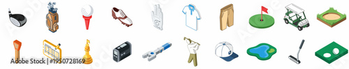 Comprehensive Set of Twenty Isometric Golf Icons Featuring Professional Equipment, Apparel, and Course Elements for Sports Related Design Projects