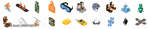 Large Collection of Isometric Snowboarding and Winter Sports Icons Featuring Gear, Equipment, and Mountain Elements