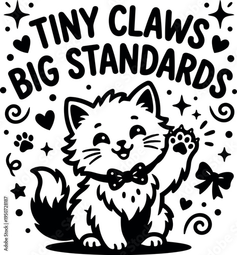 Cute smiling cat with tiny claws raising paw wearing bow tie surrounded by hearts stars and paw prints vector art