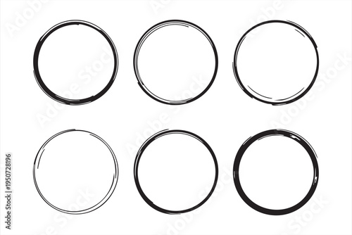 Circular black ink brush frames set with hand drawn grunge outlines and minimalist round border art