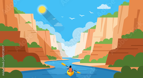 Kayaking through scenic canyon landscape with cliffs and river