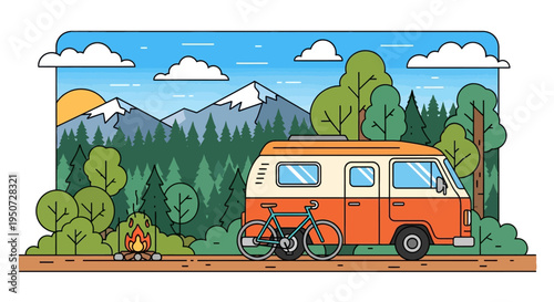Cartoon camper van with bicycle in forest