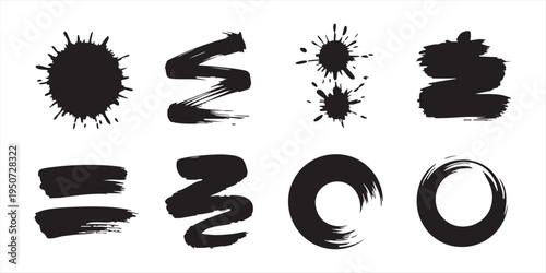 Set of eight diverse ink blotches, brush strokes, and circular paint designs for artistic projects