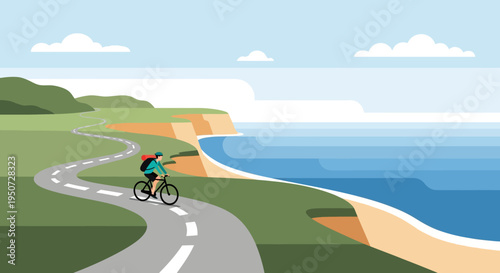 Cyclist riding along scenic coastal road