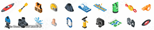 Isometric Kayaking and Rafting Equipment Icons Set Featuring Life Vest, Paddle, Helmet, Safety Gear, and Outdoor Water Sports Accessories