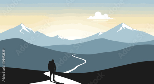 Hiker on winding mountain road with snow-capped peaks