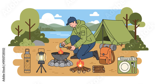 Camping outdoors with man cooking at campsite