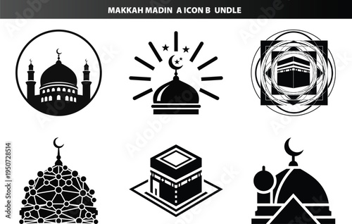 Islamic architectural icons of kaaba and mosques for makkah and madinah with islamic architecture