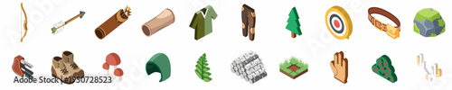 Isometric collection of archery equipment and forest nature icons including bow, arrow, target, trees, and outdoor gear.