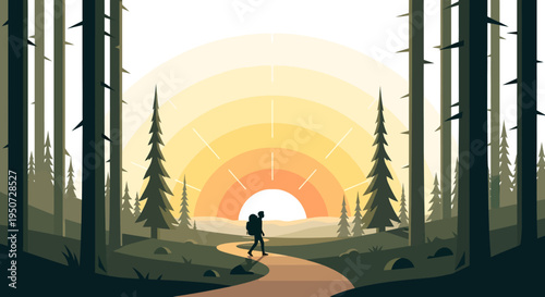 Hiker walking through forest towards sunset